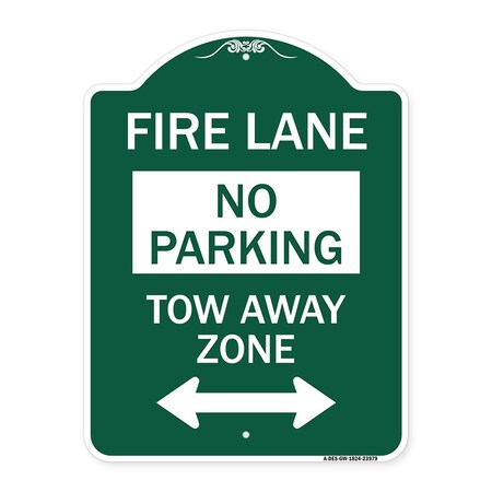 Signmission Fire Lane Tow-Away Zone W/ Bidirectional Arrow, Green & White Alum Sign, 18" x 24", GW-1824-23979 A-DES-GW-1824-23979